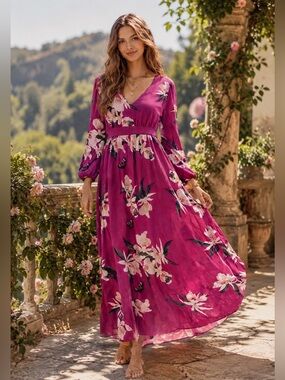 Pink Floral Empire Waist Maxi Dress Long Sleeve Boho Resort L